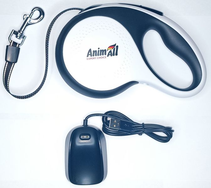 Повідець-рулетка AnimAll з Led-ліхтариком та USB-зарядкою для собак вагою до 25 кг, 5 м, біло-чорний, Енімал 1696039389 фото