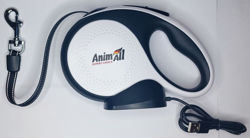 Повідець-рулетка AnimAll з Led-ліхтариком та USB-зарядкою для собак вагою до 25 кг, 5 м, біло-чорний, Енімал 1696039389 фото