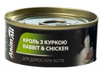 AnimAll Вологий консервований корм для дорослих котів кроль з куркою ЕнімАлл, банка 80 г 2225675617 фото