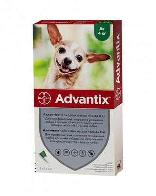 Краплі від бліх, кліщів Advantix АДВАНТІКС для собак до 4 кг, 4 піпетки*0.4 мл (47223) 2028772342 фото