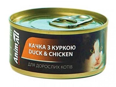 AnimAll Влажный консервированный корм для взрослых котов утка с курицей ЭнимАлл, банка 80 г 2225666546 фото