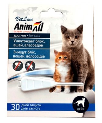Краплі для кішок і собак до 4 кг (від бліх, вошей, волосоїдів) AnimAll VetLine spot-on спот-он, 1 піпетка 0,5 мл 1543339588 фото