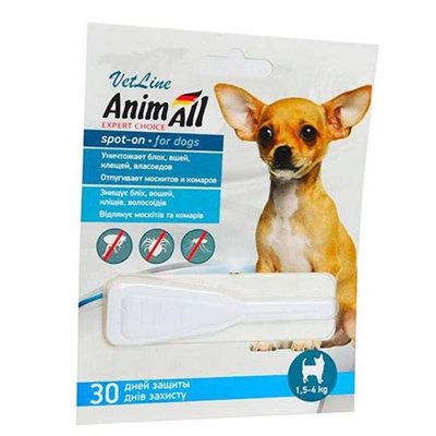Капли для собак 1,5-4 кг (от блох, вшей, власоедов) AnimAll VetLine spot-on спот-он, 1 пипетка 0,8 мл 1543350238 фото