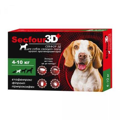 Краплі протипаразитарні Secfour 3D (Секфор 3Д) для собак середніх порід 4-10 кг, 2 піпетки*1 мл, 207489 1958935075 фото