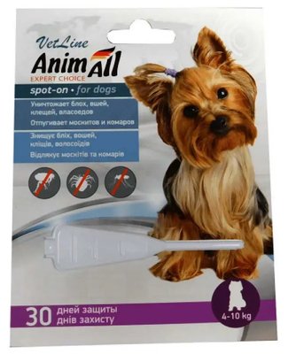 Каплі для собак 4-10 кілограмів (від блох, вошей, власів) AnimAll VetLine spot-on, 1 піпетка 2 мл 1543356358 фото