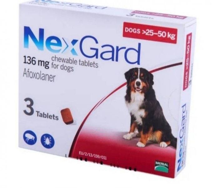 Жувальні таблетки від бліх та кліщів для собак вагою 25-50 кг (XL) NexGard Merial (Нексгард) 3 таблетки 159902 2035434727 фото