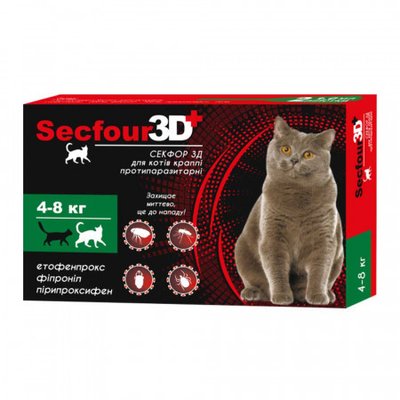 Краплі протипаразитарні Secfour 3D (Секфор 3Д) для котів 4-8 кг, 2 піпетки*1 мл 207472 1959020008 фото