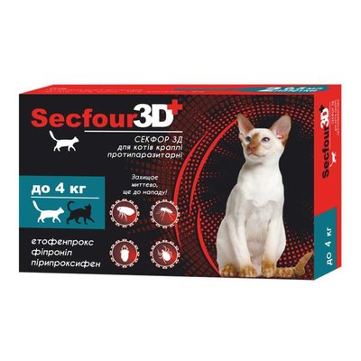 Краплі протипаразитарні Secfour 3D (Секфор 3Д) для котів до 4 кг, 2 піпетки*0.5 мл 207458 1959031102 фото