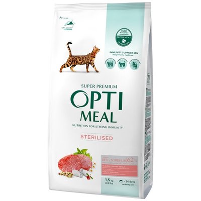 Сухой корм для стерилизованных кошек и кастрированных котов Говядина и Сорго 1,5 кг OPTIMEAL ОПТИМИЛ 1599432110 фото