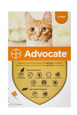 Краплі Bayer Advocate для котів до 4 кг (від бліх, вошей, власоїдів, кліщів), Адвокат 3 піпетки 1696080460 фото