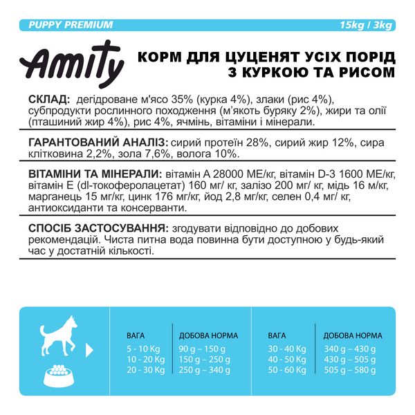 Сухий корм для цуценят всіх порід Amity PUPPY PREMIUM з куркою та рисом, 3 кг (*) 2353507872 фото