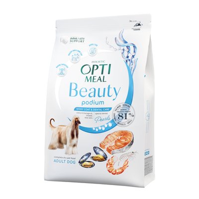 Optimeal Beauty Podium Shiny Coat & Dental Care Сухой корм с морепродуктами для собак всех пород, 4 кг 1679132124 фото