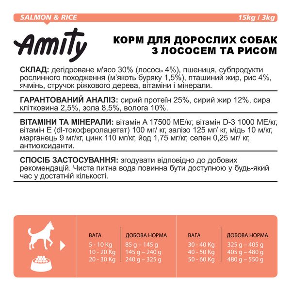 Сухий корм для собак всіх порід Amity PREMIUM SALMON & RICE з лососем та рисом, 3 кг (*) 2353518999 фото