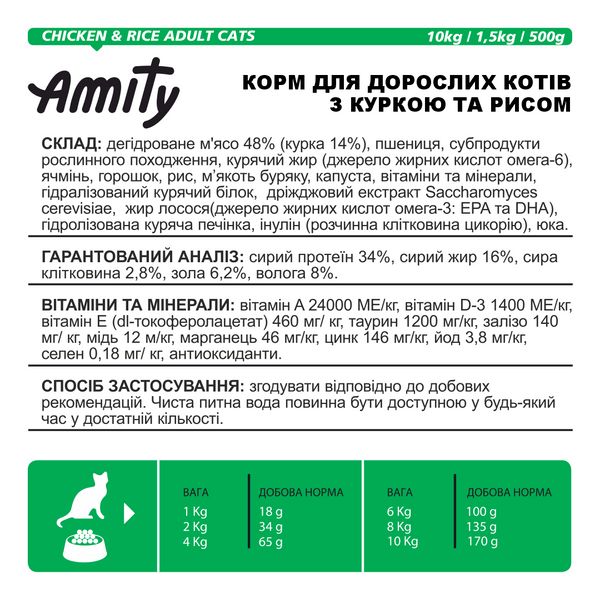 Сухой корм для взрослых кошек Amity PREMIUM CATS CHICKEN & RICE с курицей и рисом, 10 кг (*) 2354704062 фото