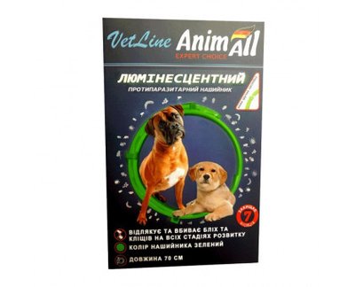 Ошейник противопаразитарный люминесцентный для кошек и собак 70см (действует до 7 мес) AnimAll VetLine зелёный 1391276503 фото