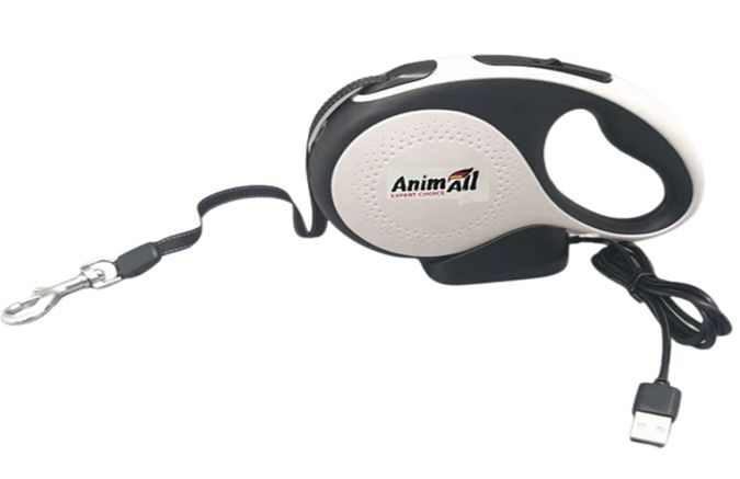 Повідець-рулетка AnimAll з Led-ліхтариком та USB-зарядкою для собак вагою до 50 кг, 5 м, біло-чорна, Енімал 1988476716 фото